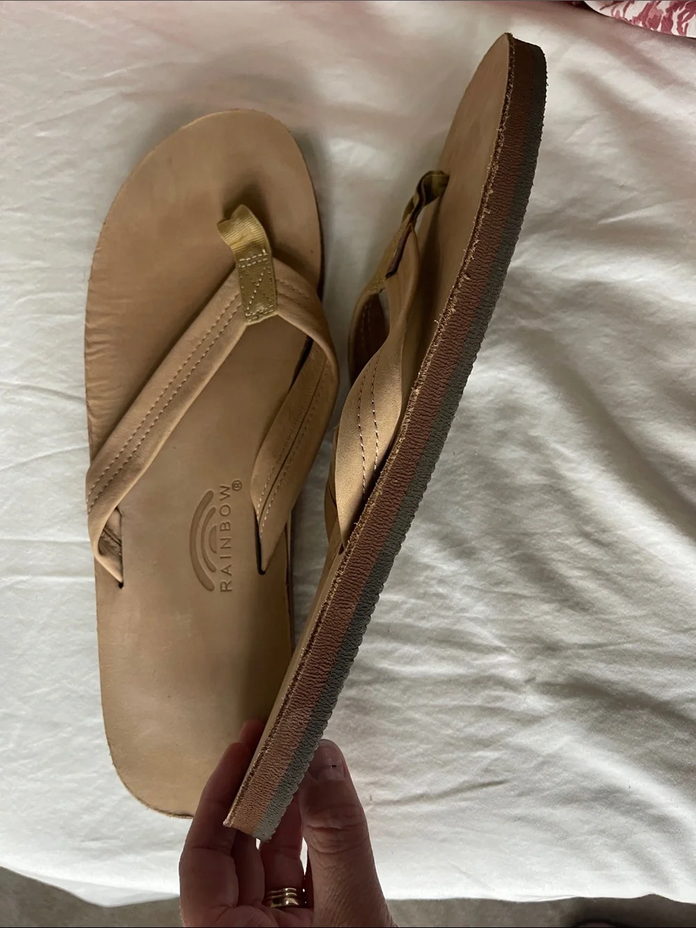 Rainbow Men's Tan Leather Flip Flops with Gold Accent